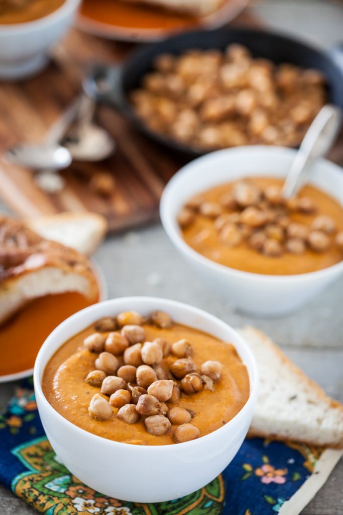 Spicy Almond Carrot Soup with Skillet-Roasted Chickpeas