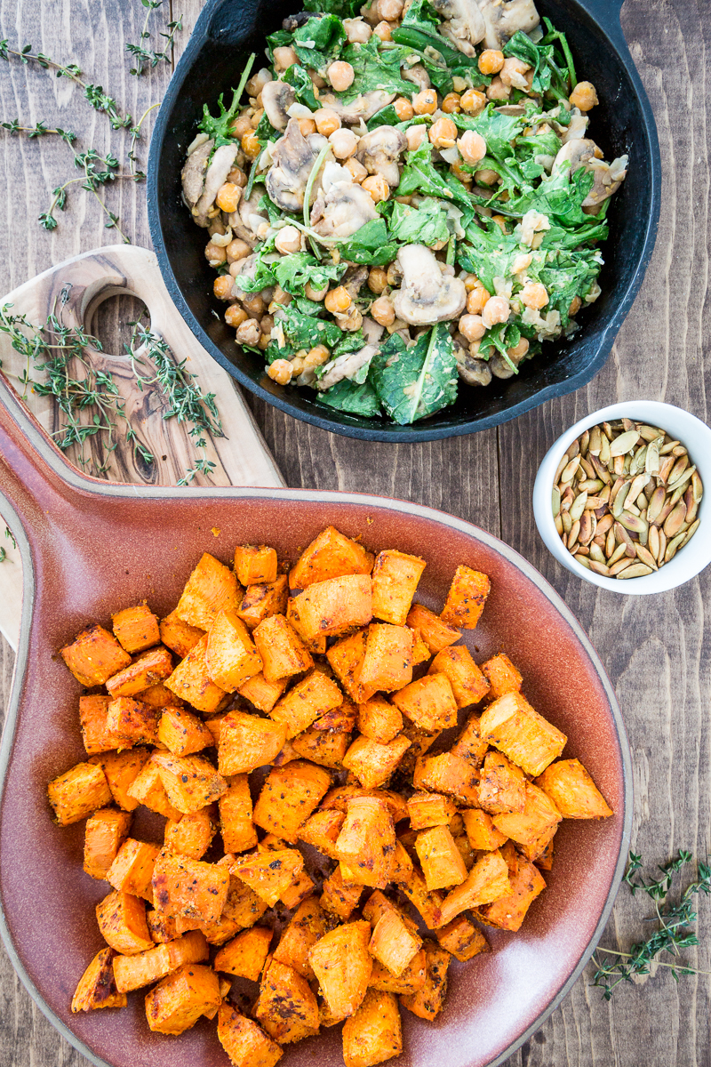 Cheesy Sweet Potato & Chickpea Bowl with Lemon Tahini Sauce