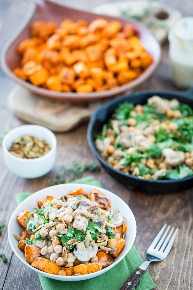 Cheesy Sweet Potato & Chickpea Bowl with Lemon Tahini Sauce