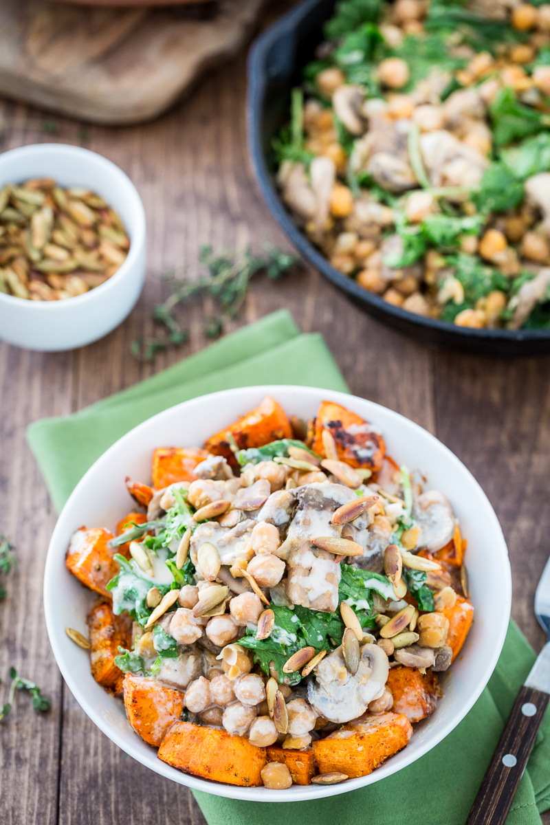 Cheesy Sweet Potato & Chickpea Bowl with Lemon Tahini Sauce