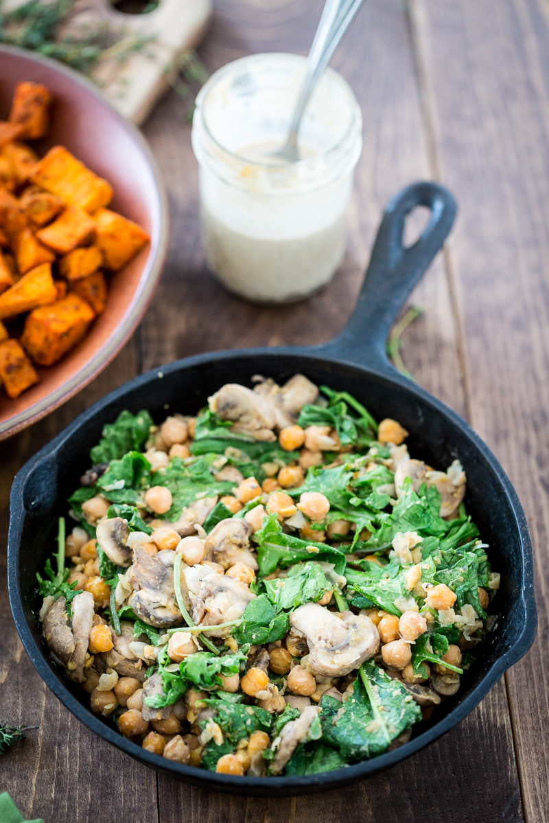 Cheesy Sweet Potato & Chickpea Bowl with Lemon Tahini Sauce