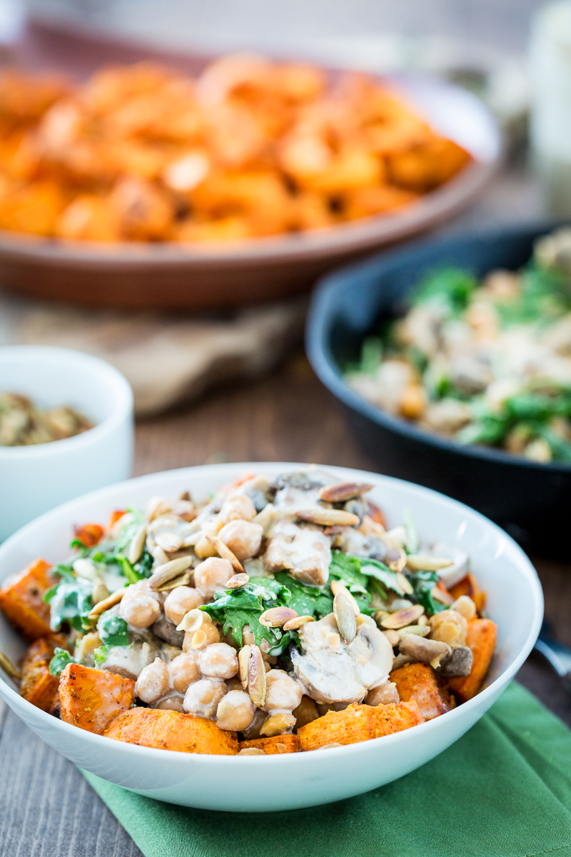 Cheesy Sweet Potato & Chickpea Bowl with Lemon Tahini Sauce