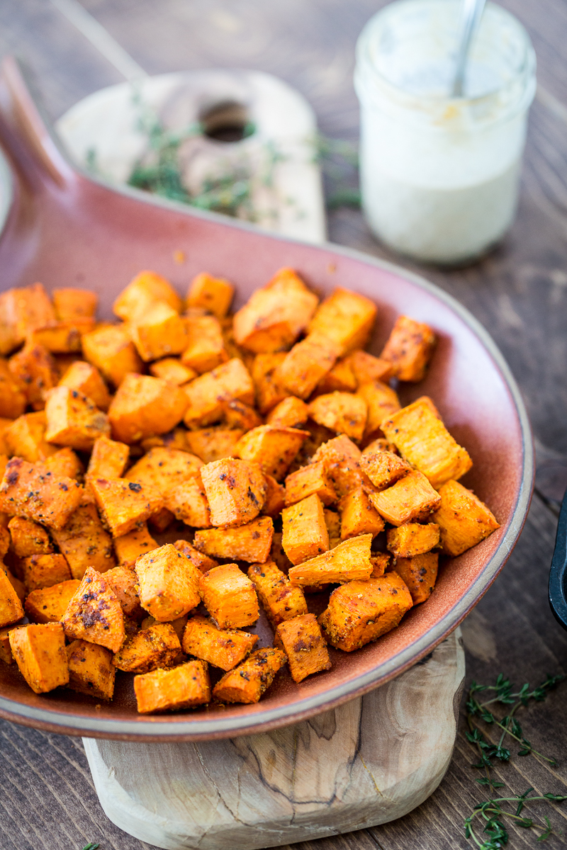 Cheesy Sweet Potato & Chickpea Bowl with Lemon Tahini Sauce