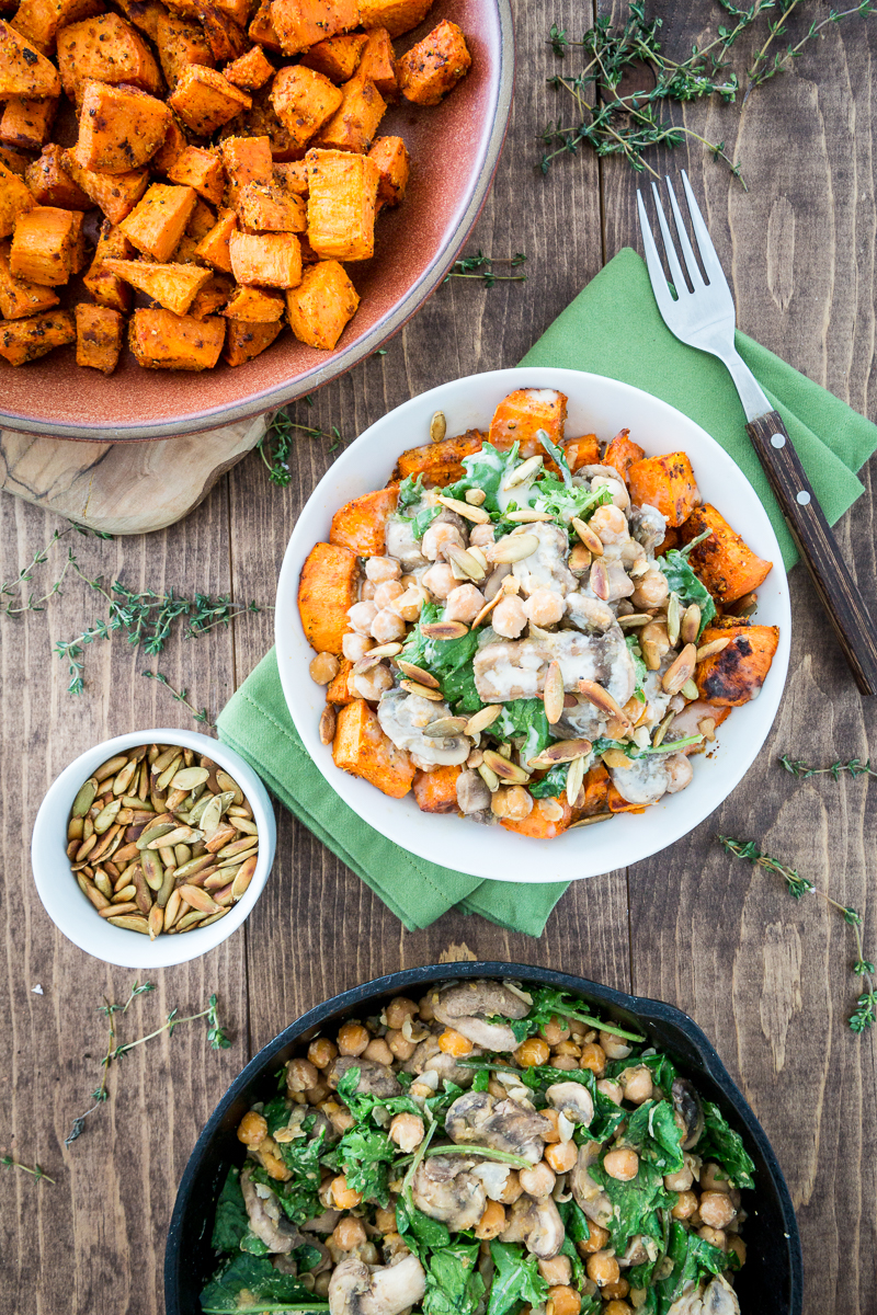 Cheesy Sweet Potato & Chickpea Bowl with Lemon Tahini Sauce