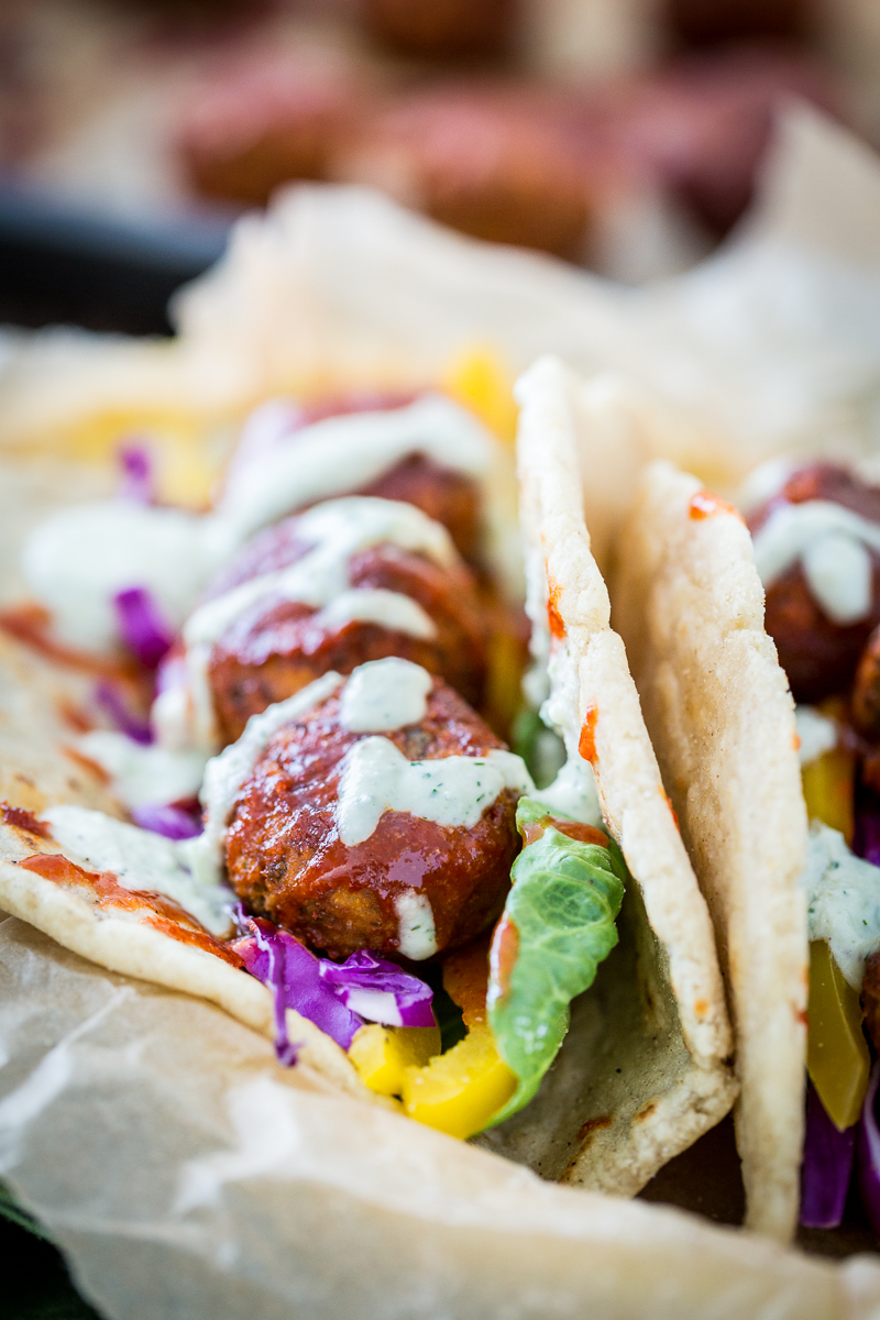 Buffalo Falafel with Vegan Tzatziki Ranch Sauce