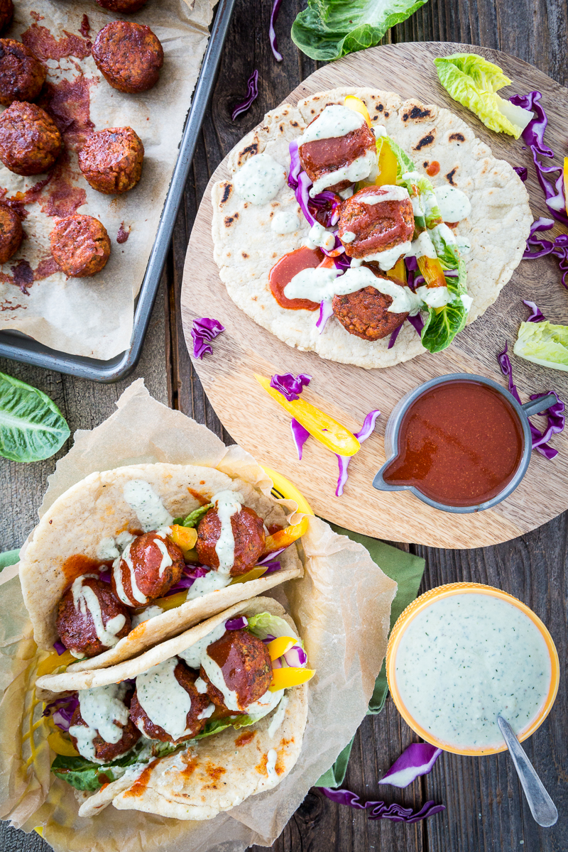 Buffalo Falafel with Vegan Tzatziki Ranch Sauce