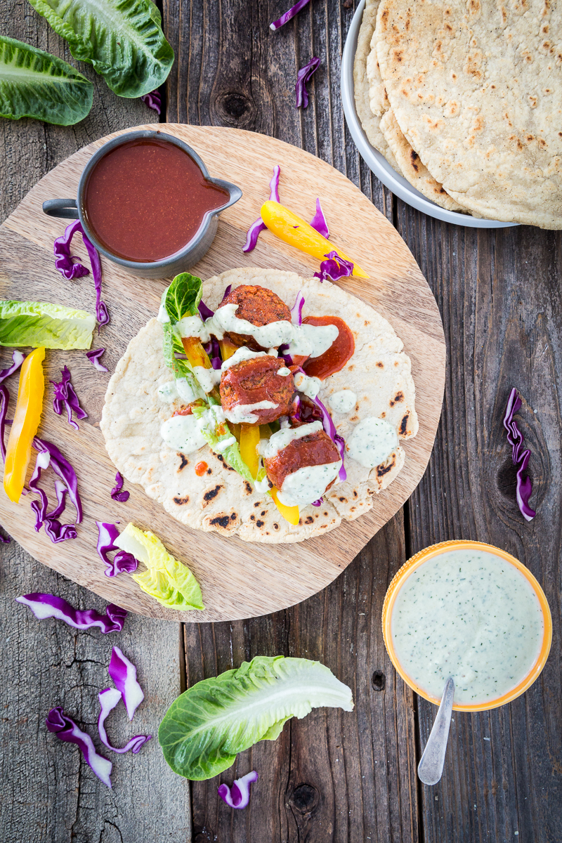 Buffalo Falafel with Vegan Tzatziki Ranch Sauce