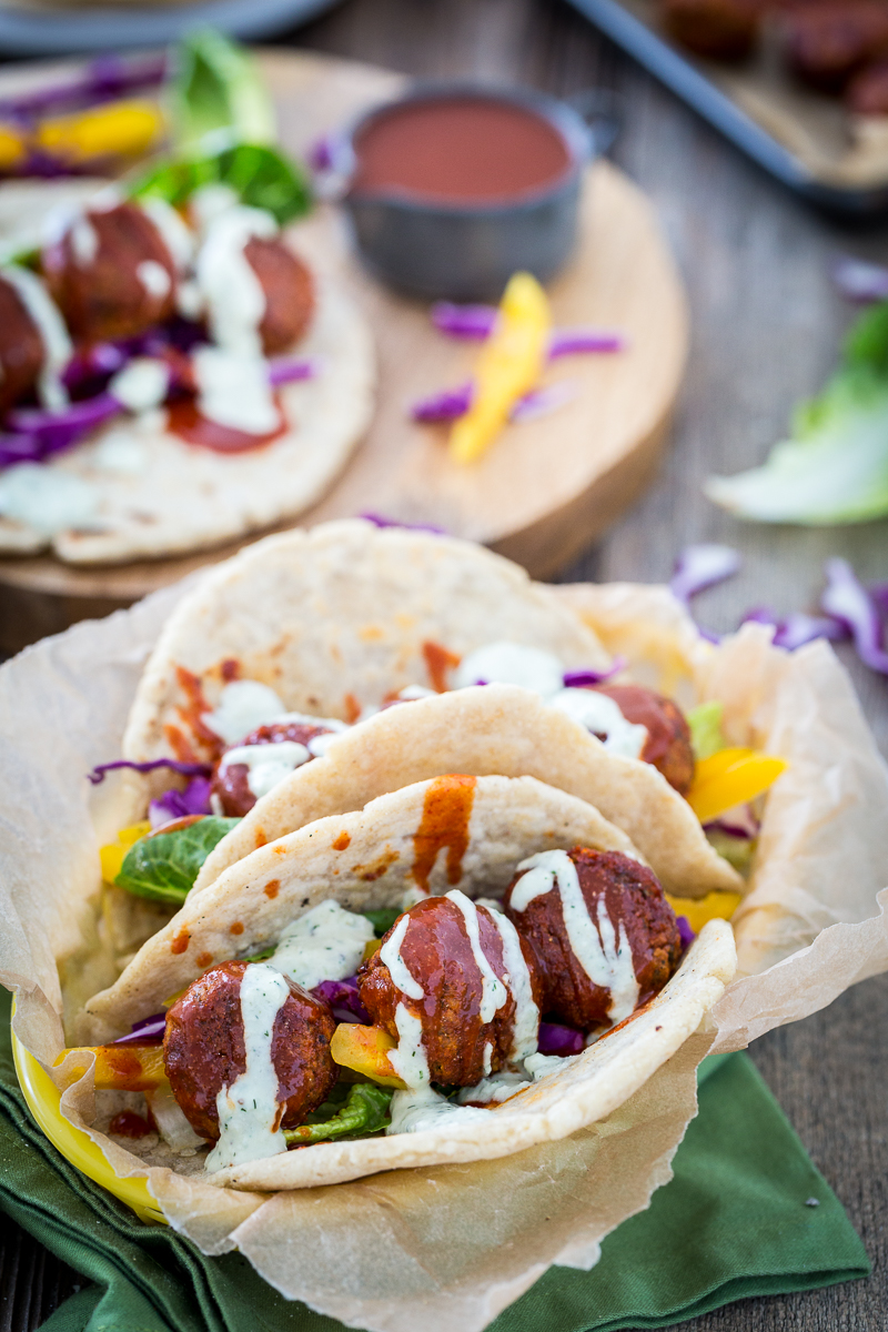 Buffalo Falafel with Vegan Tzatziki Ranch Sauce