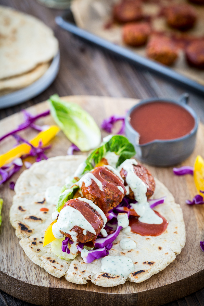 Buffalo Falafel with Vegan Tzatziki Ranch Sauce