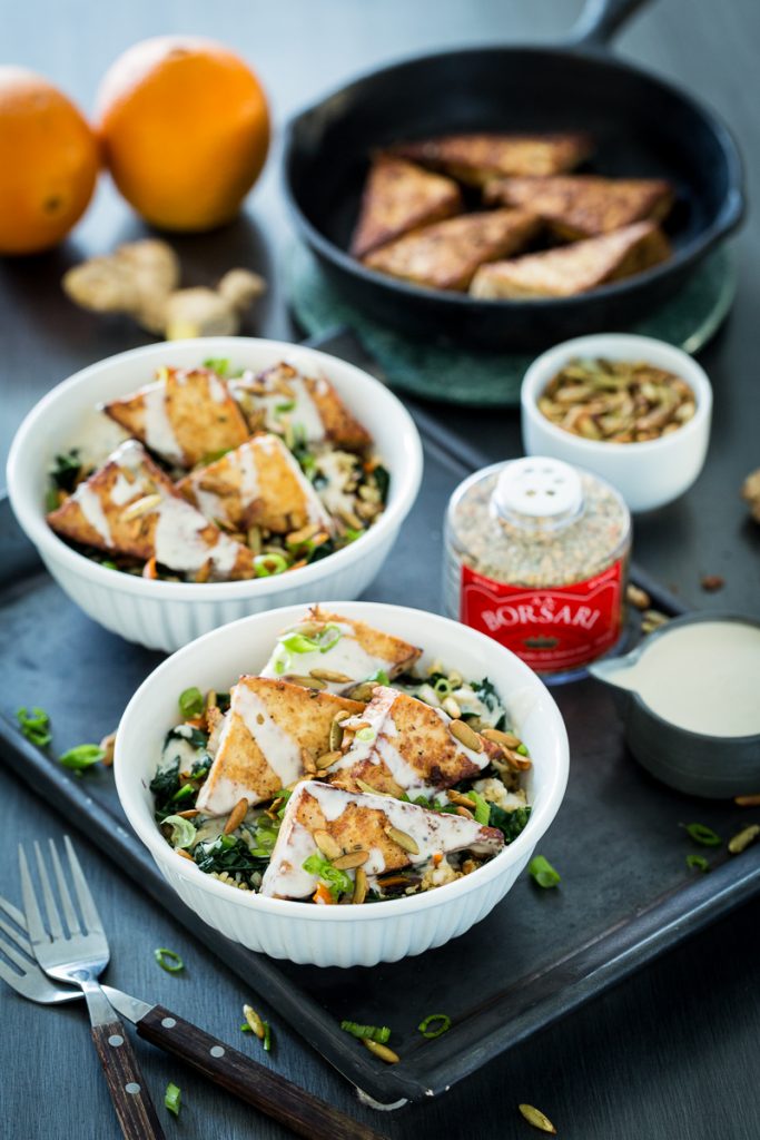 Orange Ginger Pan Fried Tofu Bowl with Yogurt Tahini Sauce