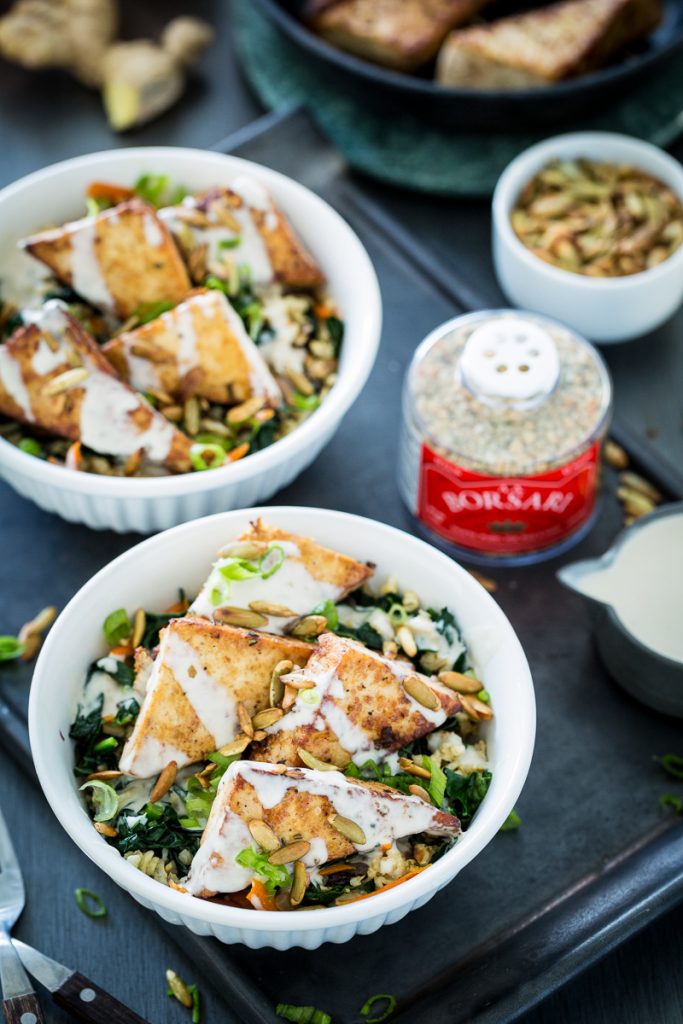 Orange Ginger Pan-Fried Tofu Bowl with Yogurt Tahini Sauce