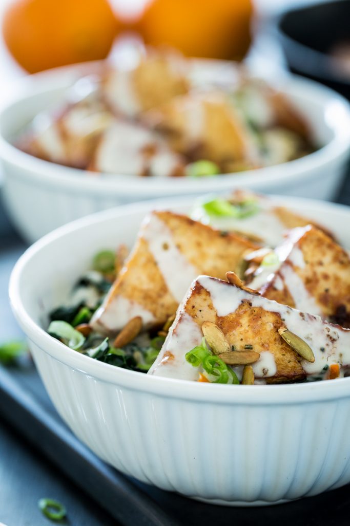 Orange Ginger Pan-Fried Tofu Bowl with Yogurt Tahini Sauce