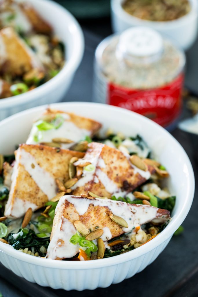 Orange Ginger Pan-Fried Tofu Bowl with Yogurt Tahini Sauce