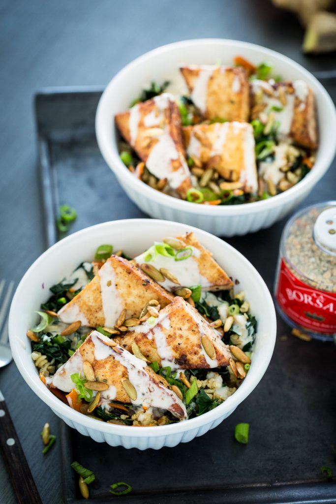 Orange Ginger Pan-Fried Tofu Bowl with Yogurt Tahini Sauce