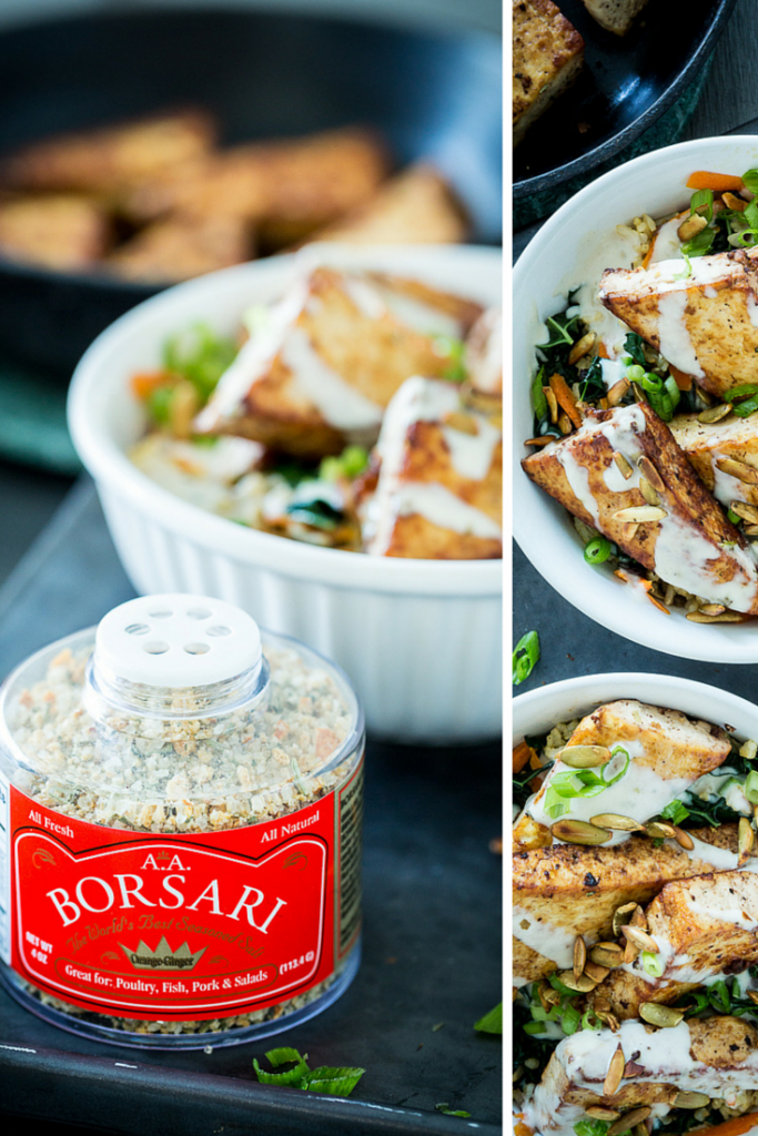 Orange Ginger Pan-Fried Tofu Bowl with Yogurt Tahini Sauce