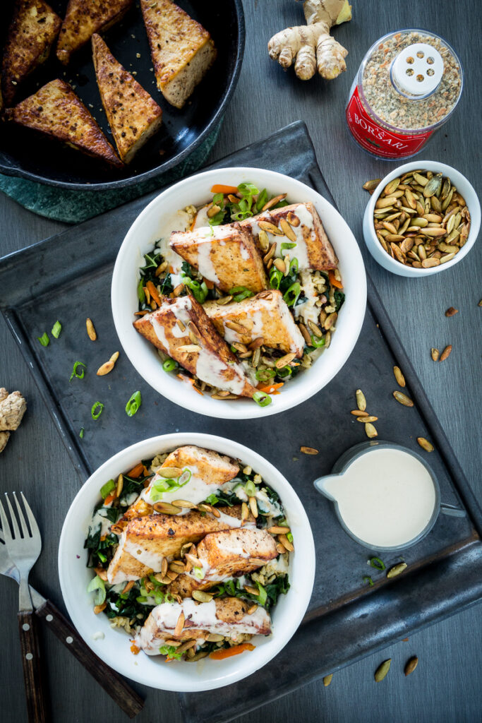 Orange Ginger Pan-Fried Tofu Bowl with Yogurt Tahini Sauce