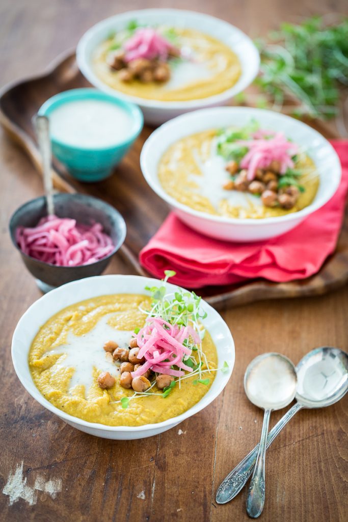 Smoky Yellow Split Pea Soup with Chickpea Bacon & Pickled Onions