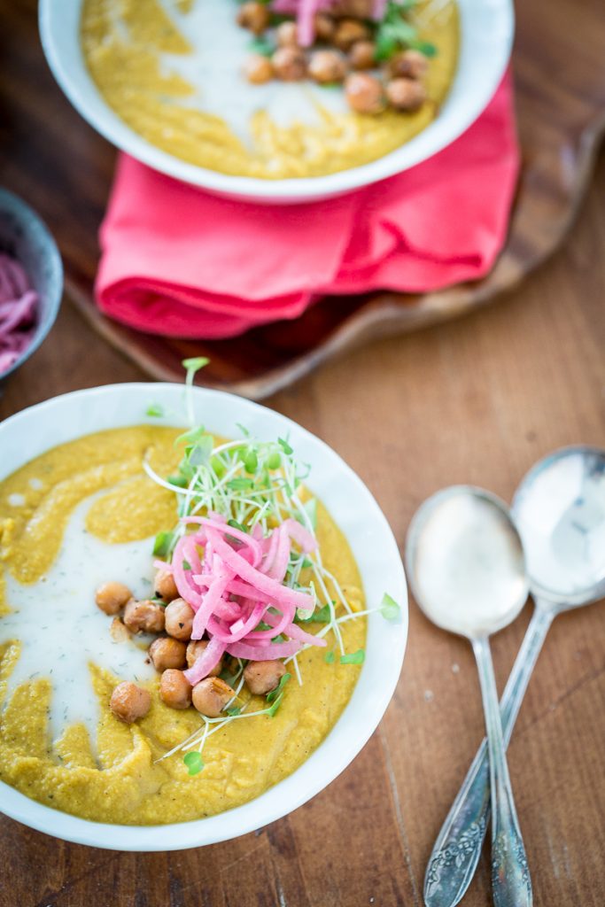 Smoky Yellow Split Pea Soup with Chickpea Bacon & Pickled Onions