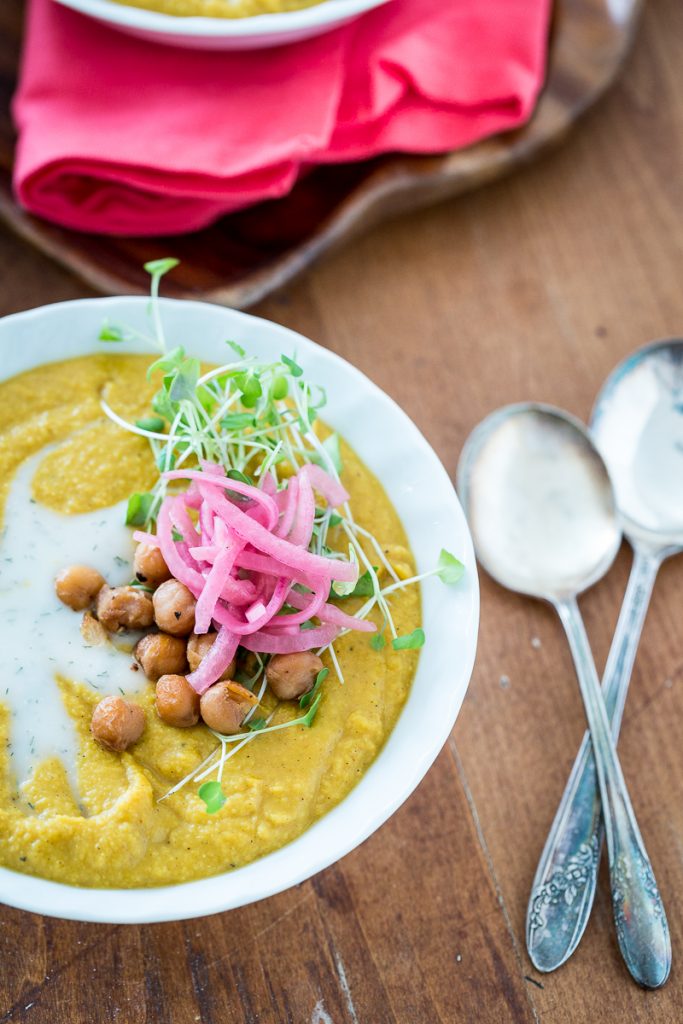 Smoky Yellow Split Pea Soup with Chickpea Bacon & Pickled Onions