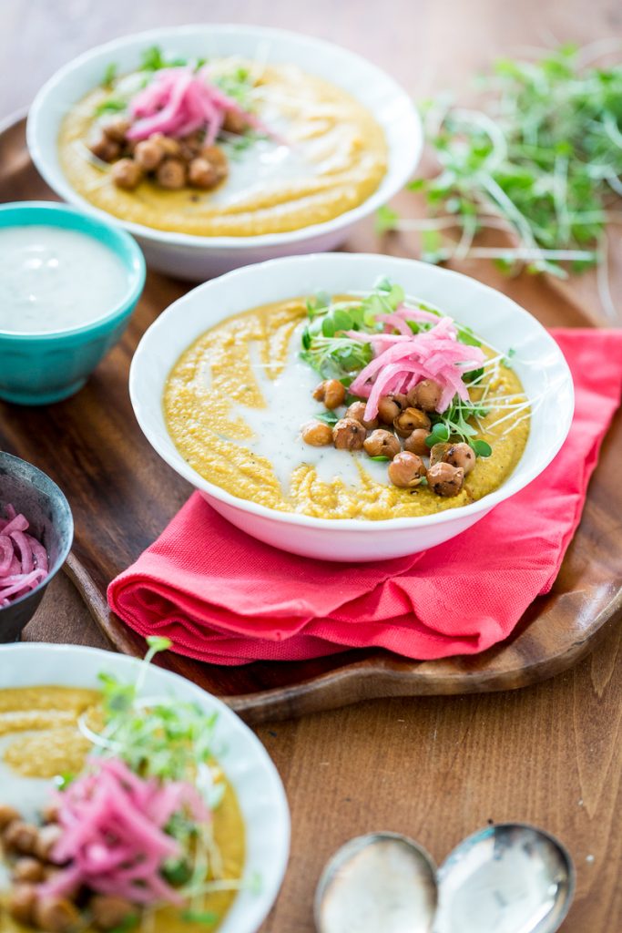 Smoky Yellow Split Pea Soup with Chickpea Bacon & Pickled Onions