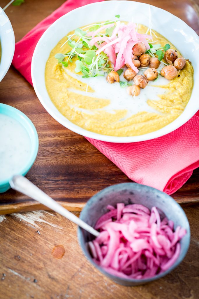 Smoky Yellow Split Pea Soup with Chickpea Bacon & Pickled Onions