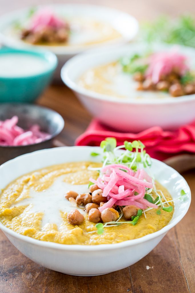 Smoky Yellow Split Pea Soup with Chickpea Bacon & Pickled Onions