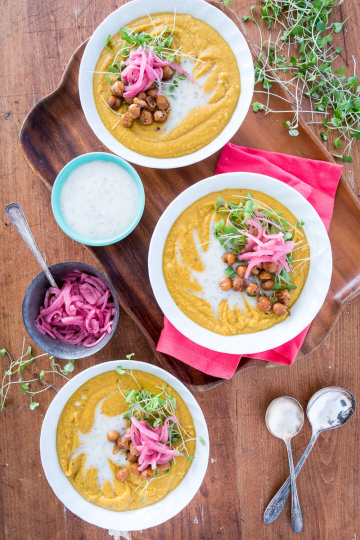 Smoky Yellow Split Pea Soup with Chickpea Bacon & Pickled Red Onion