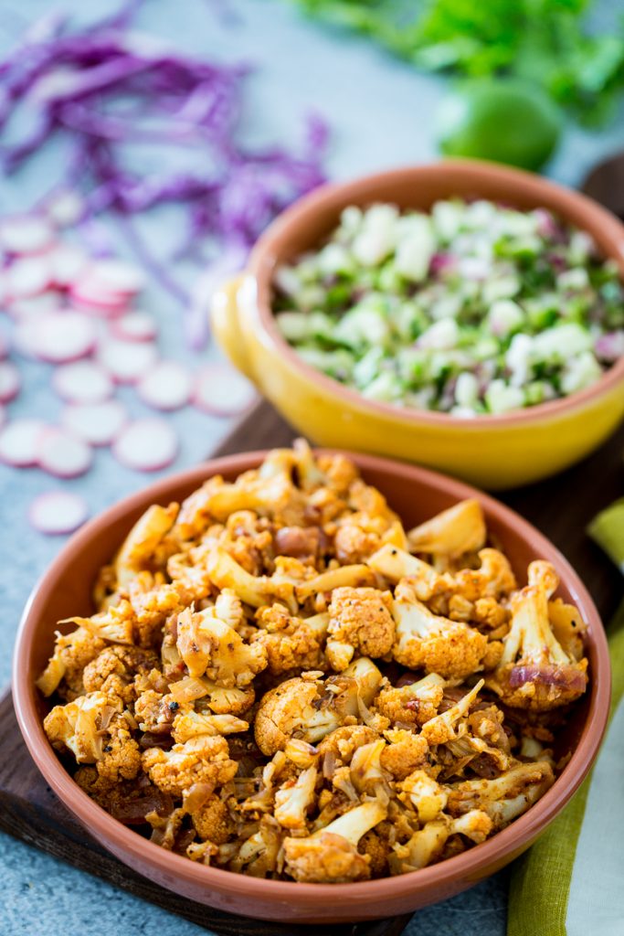 Chipotle Cauliflower Carnitas Tacos with Green Apple Salsa