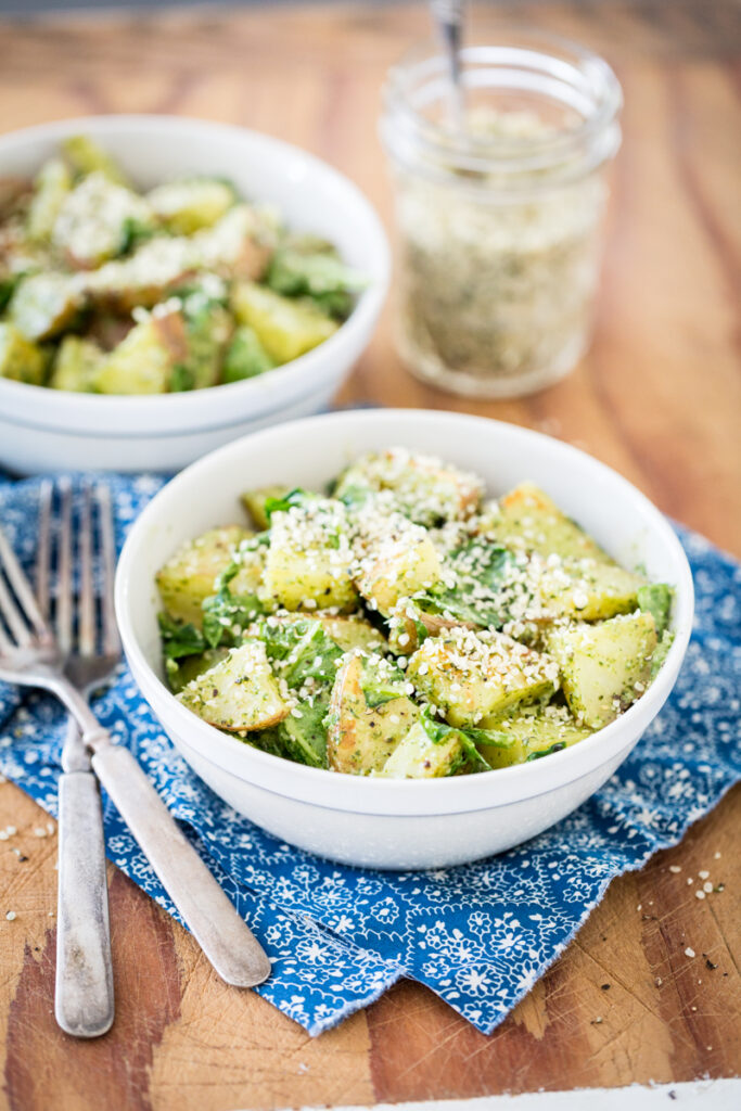 Roasted Garlic Pesto Potatoes with Arugula