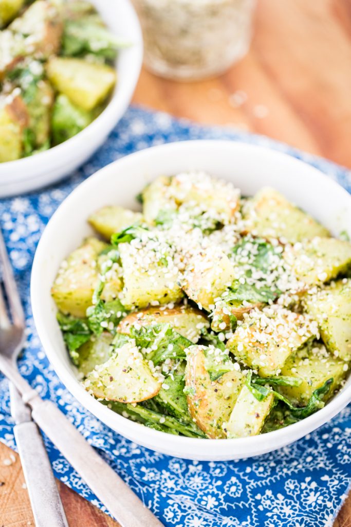 Roasted Garlic Pesto Potatoes with Arugula