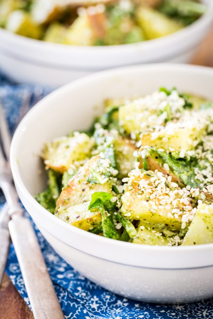 Roasted Garlic Pesto Potatoes with Arugula