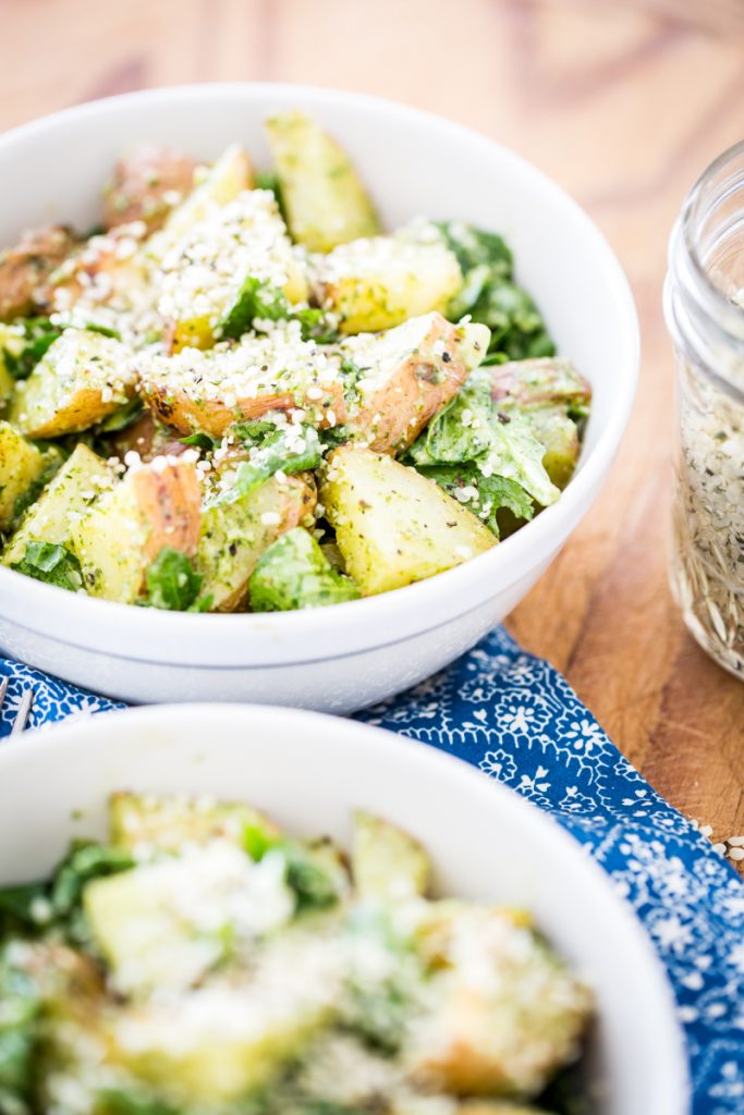 Roasted Garlic Pesto Potatoes with Arugula