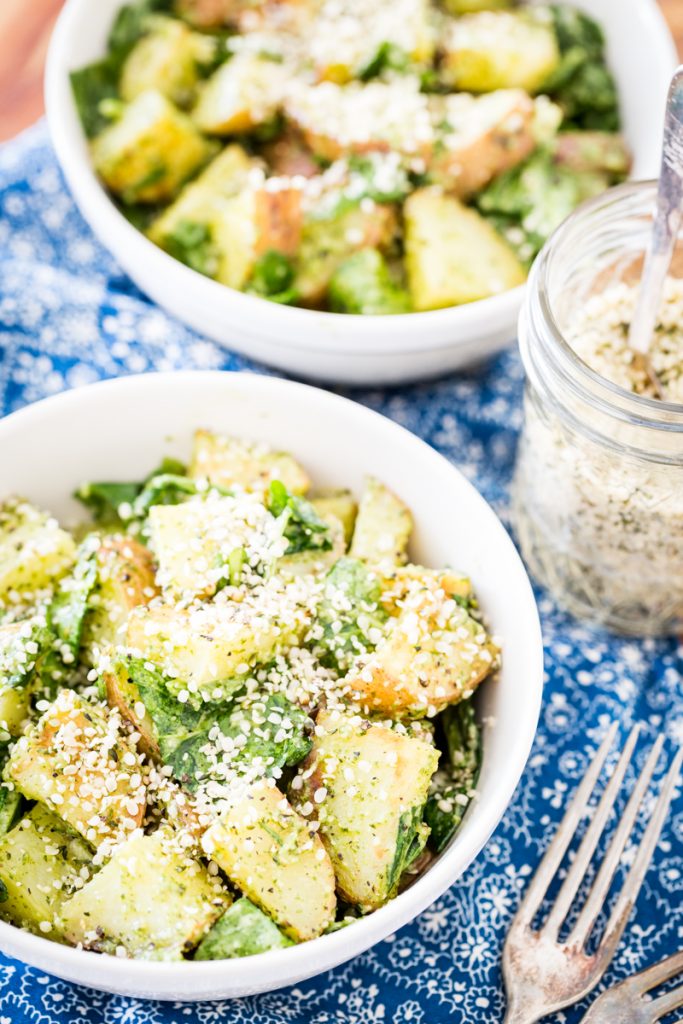 Roasted Garlic Pesto Potatoes with Arugula