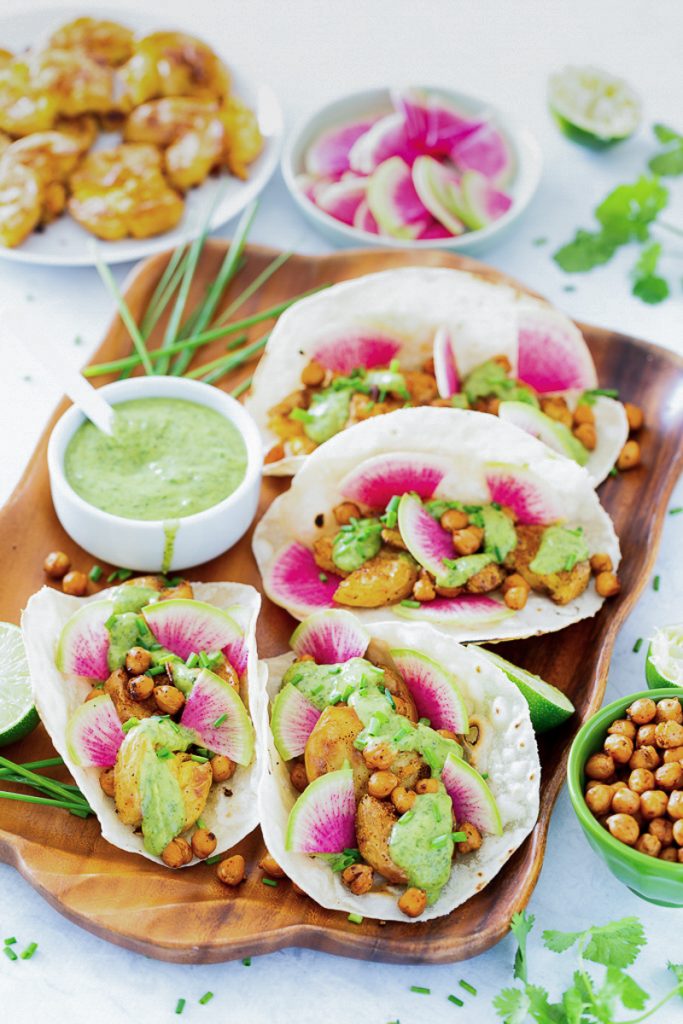 Chile-Roasted Smashed Potato Tacos with Cilantro-Avocado Sauce