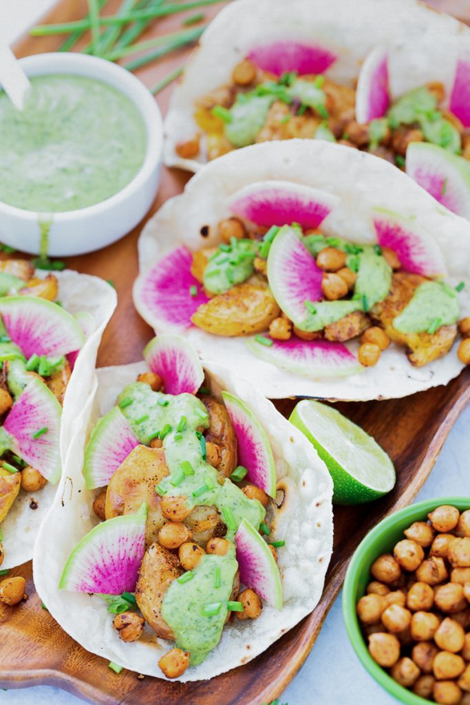 Chile-Roasted Smashed Potato Tacos with Cilantro-Avocado Sauce