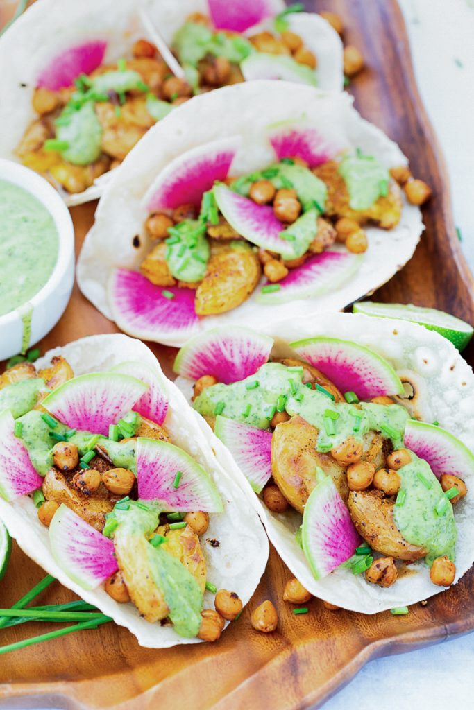 Chile-Roasted Smashed Potato Tacos with Cilantro-Avocado Sauce