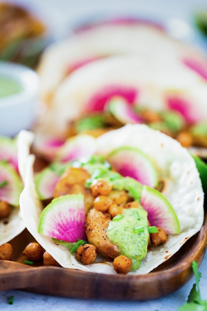 Chile-Roasted Smashed Potato Tacos with Cilantro-Avocado Sauce