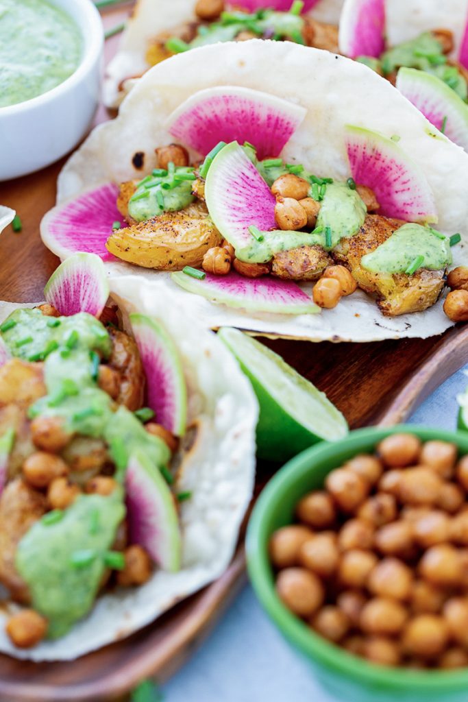 Chile-Roasted Smashed Potato Tacos with Cilantro-Avocado Sauce