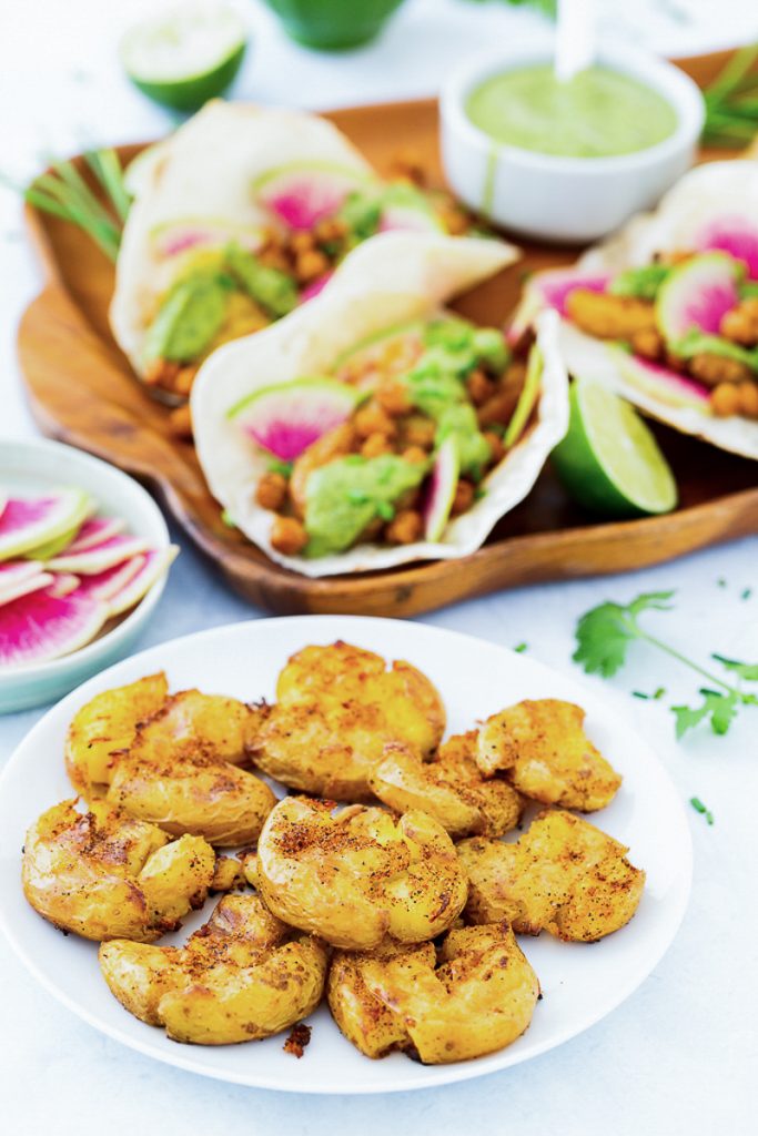 Chile-Roasted Smashed Potato Tacos with Cilantro-Avocado Sauce