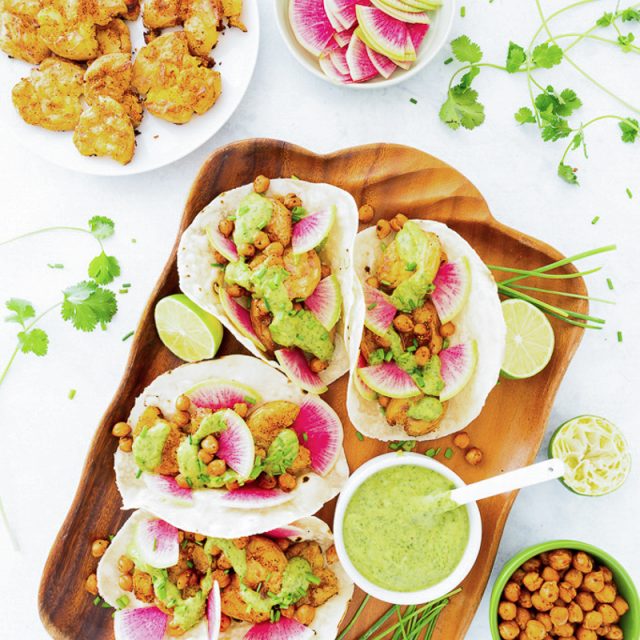 Chile-Roasted Smashed Potato Tacos with Cilantro-Avocado Sauce