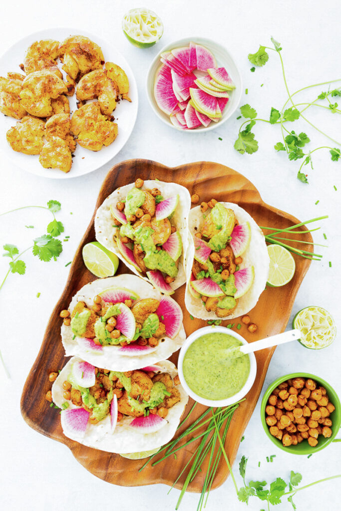 Chile-Roasted Smashed Potato Tacos with Cilantro-Avocado Sauce